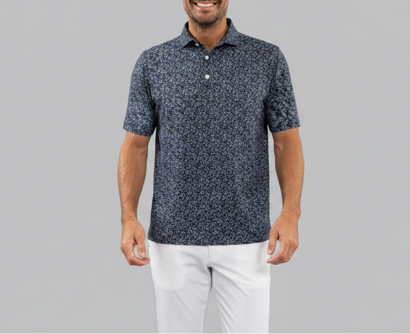 IBKUL Mens Derek Short Sleeve Sand Dollar Button Polo - White/Navy