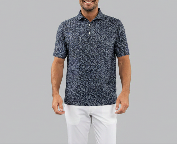 IBKUL Mens Derek Short Sleeve Sand Dollar Button Polo - White/Navy