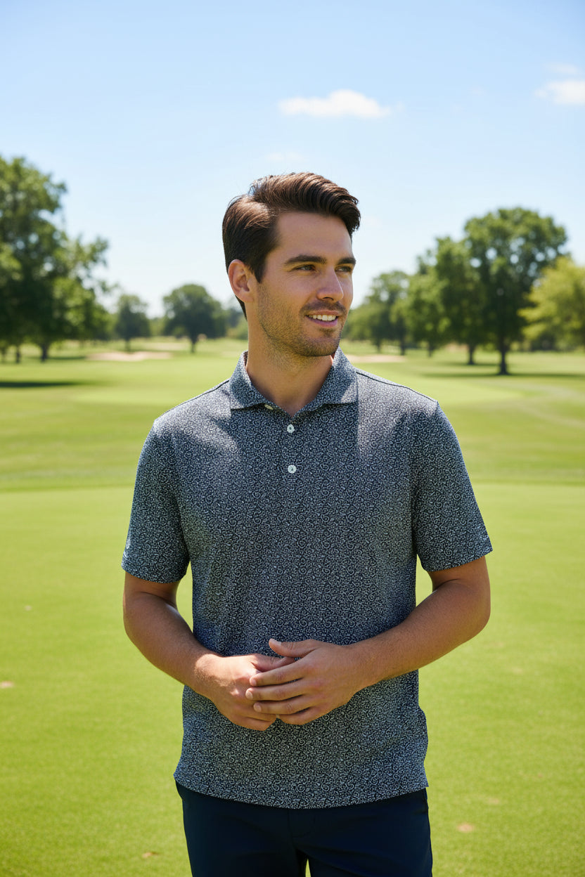 IBKUL Mens Derek Short Sleeve Sand Dollar Button Polo - White/Black