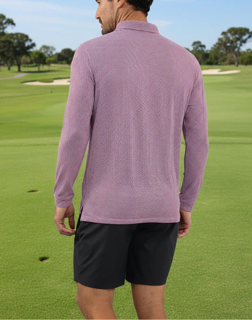 IBKUL Mens Landon Long Sleeve Button Polo - White/Rose/Navy