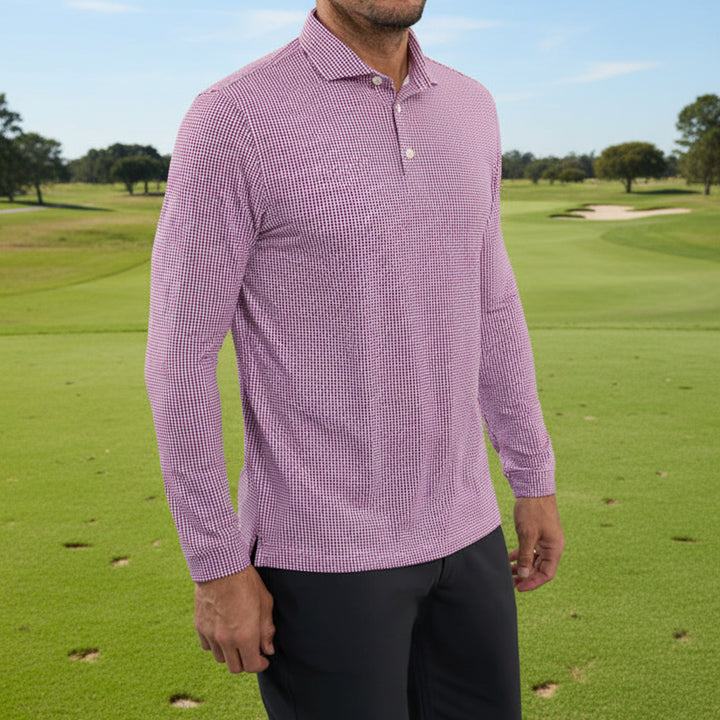 IBKUL Mens Landon Long Sleeve Button Polo - White/Rose/Navy