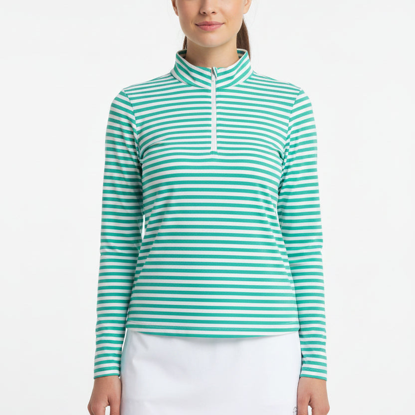 IBKUL Women's Long Sleeve Zip Mock Landon Stripe Mint/White Size XS