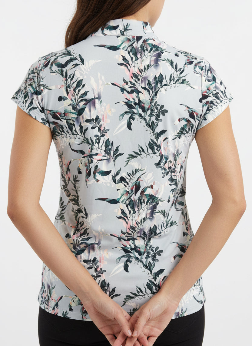 Kastel Women's Polo 1/4 Zip Cap Sleeve Powder Blue Botanical Size L