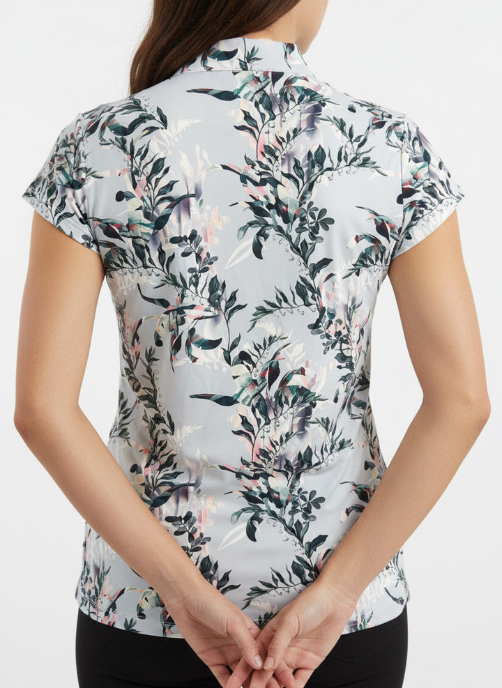 Kastel Women's Polo 1/4 Zip Cap Sleeve Powder Blue Botanical Size L