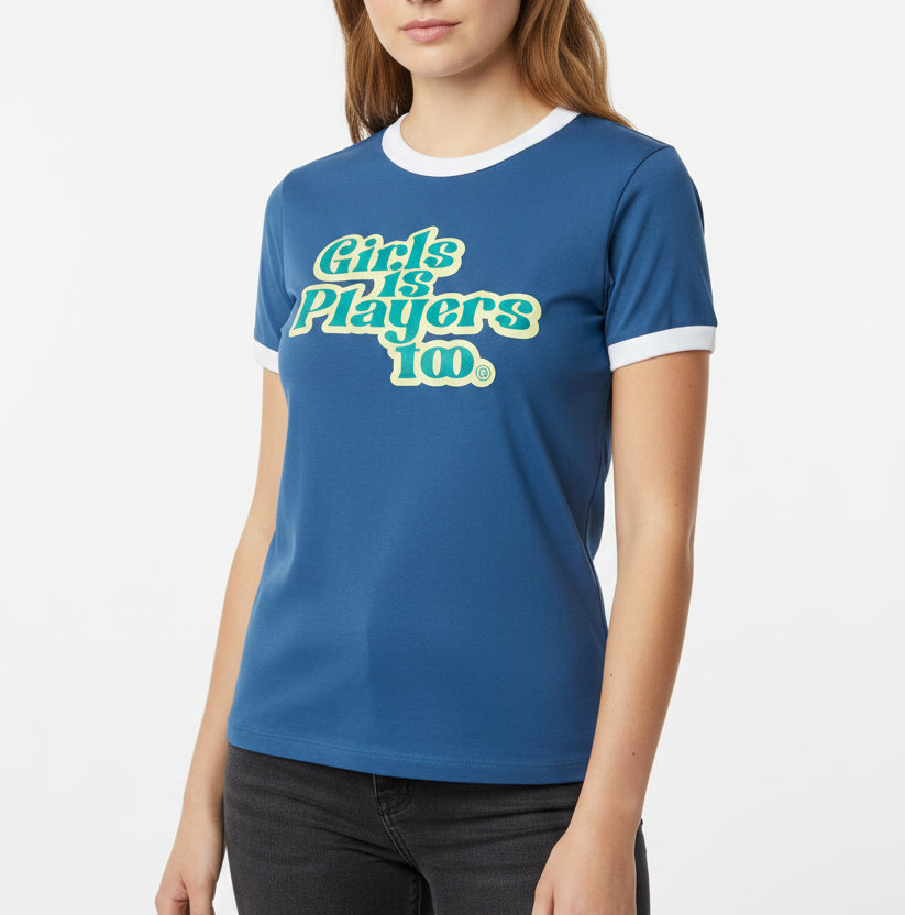 Fore All Women's Ringer Tee "Girls Is Players Too" Indigo