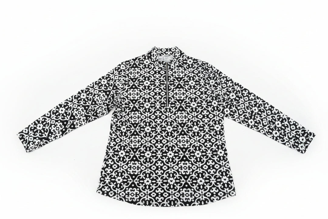 Lulu B Women's Long Sleeve Tile Print Quarter Zip - Black/White