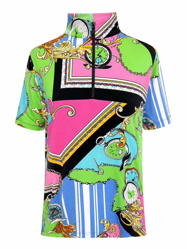IBKUL Time Short Sleeve Zip Mock - Green/Pink