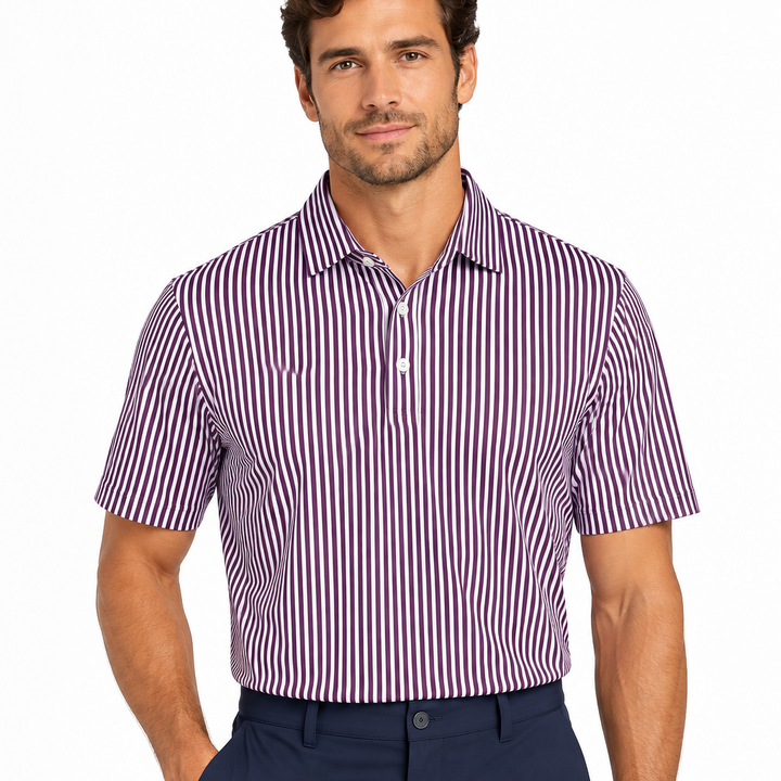 Collars & Co. Men's Polo Performance Fabric Semi-Spread Collar Purple Thin Pinstripe Size M
