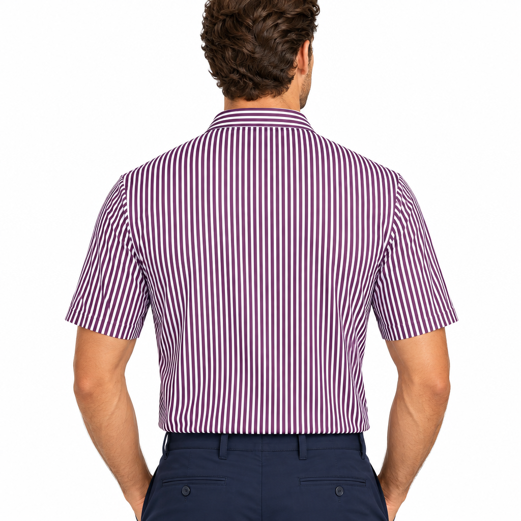 Collars & Co. Men's Polo Performance Fabric Semi-Spread Collar Purple Thin Pinstripe Size M