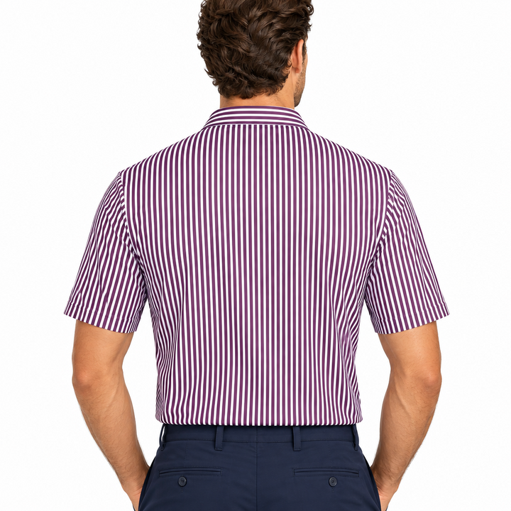 Collars & Co. Men's Polo Performance Fabric Semi-Spread Collar Purple Thin Pinstripe Size M