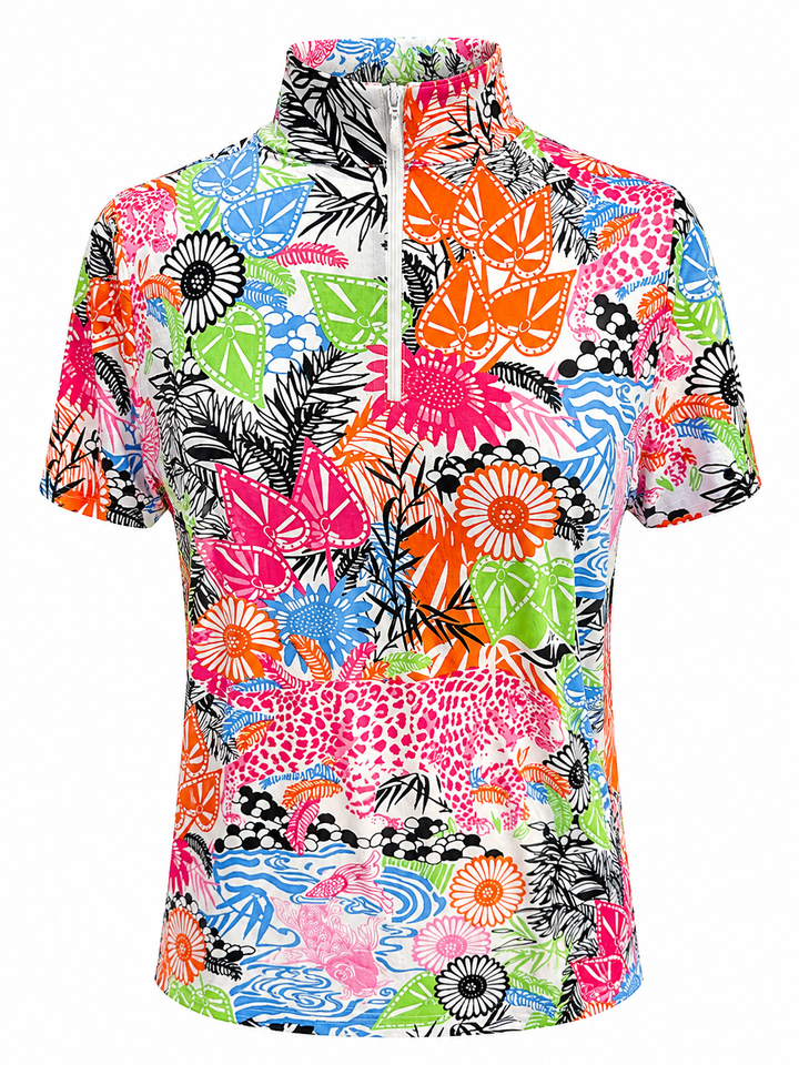IBKUL Tropics Short Sleeve Zip Mock - Multicolor