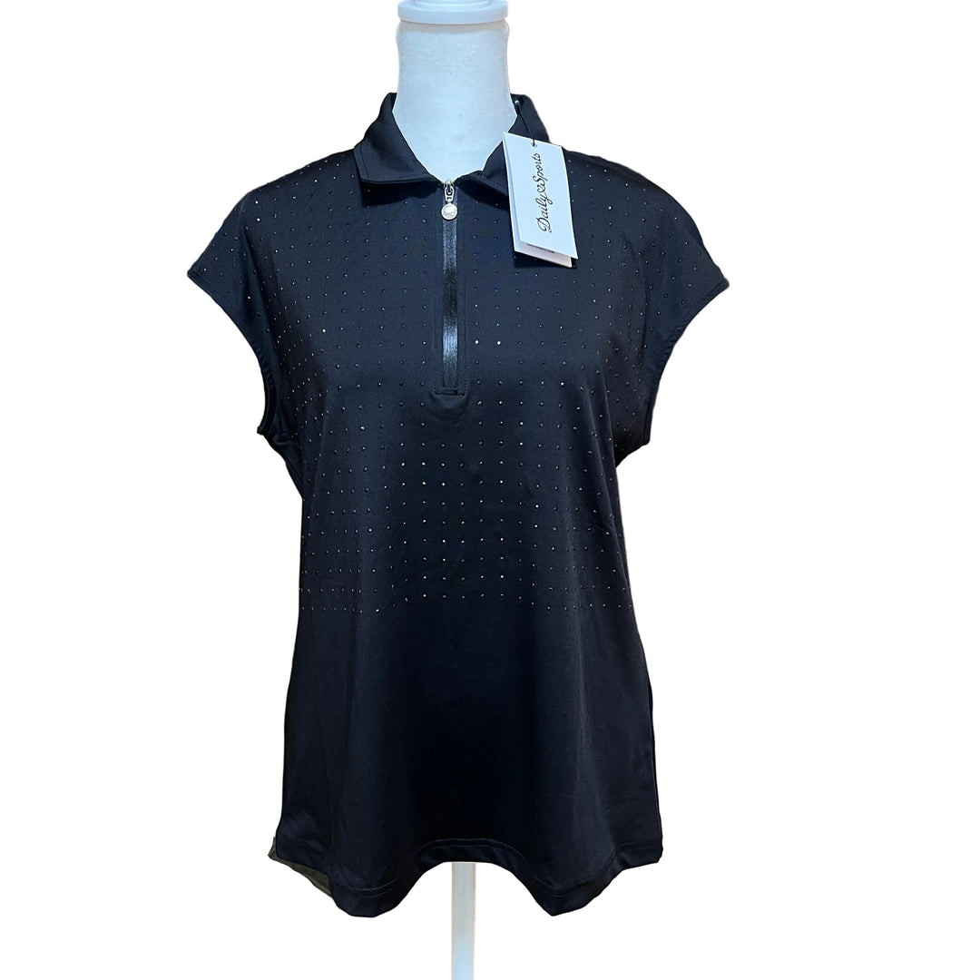 Daily Sports Rhinestone Cap Sleeve Polo - Black - Skorzie