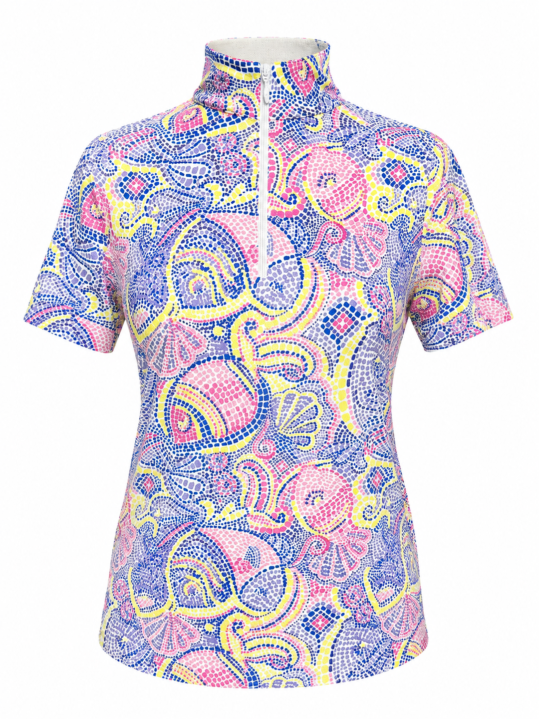 IBKUL Mariel Short Sleeve Zip Mock Top - Purple Multi Fish
