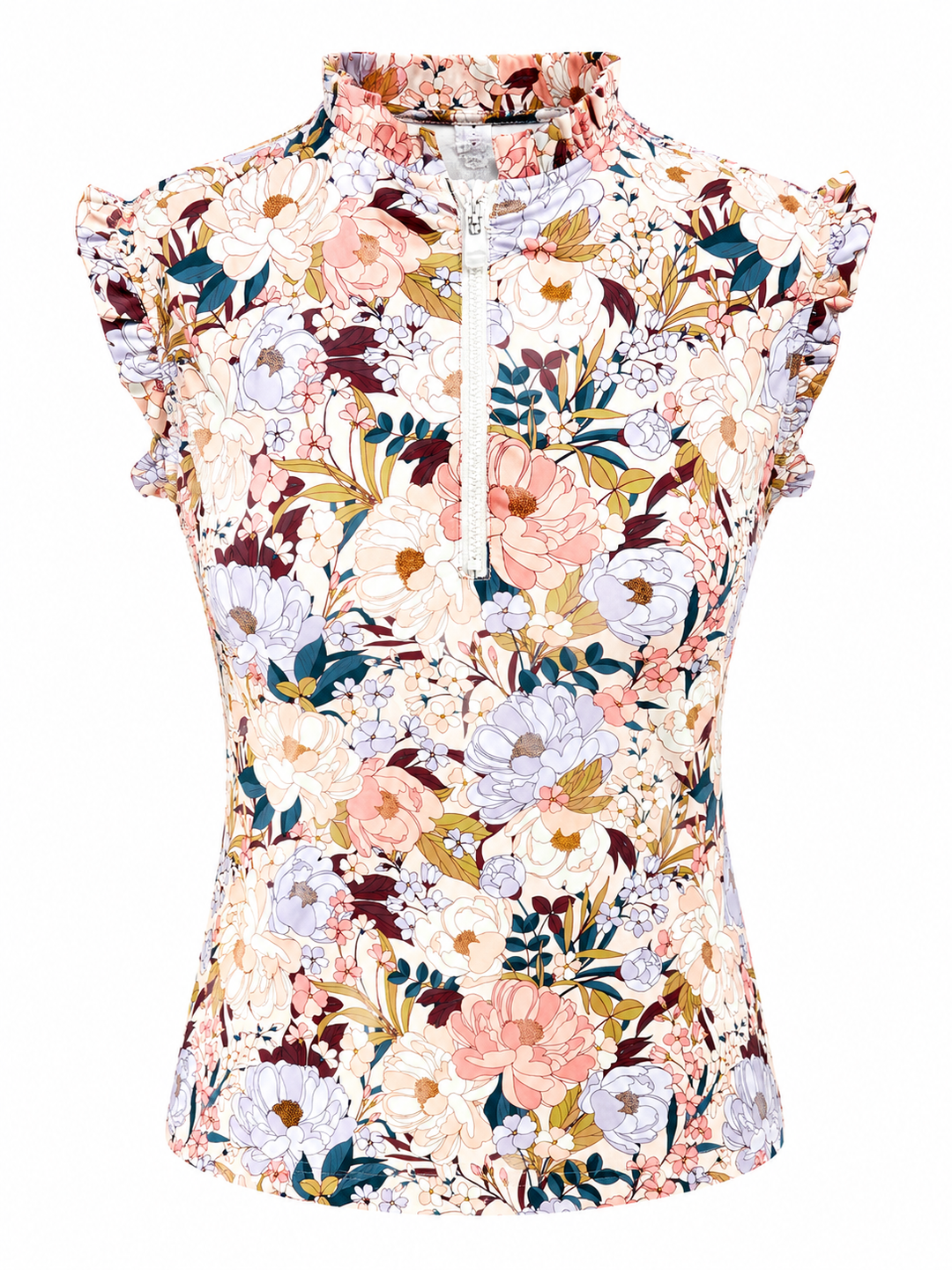 Kastel Champagne Blooming Peonies Sleeveless 1/4 Zip Ruffle Tank - Skorzie