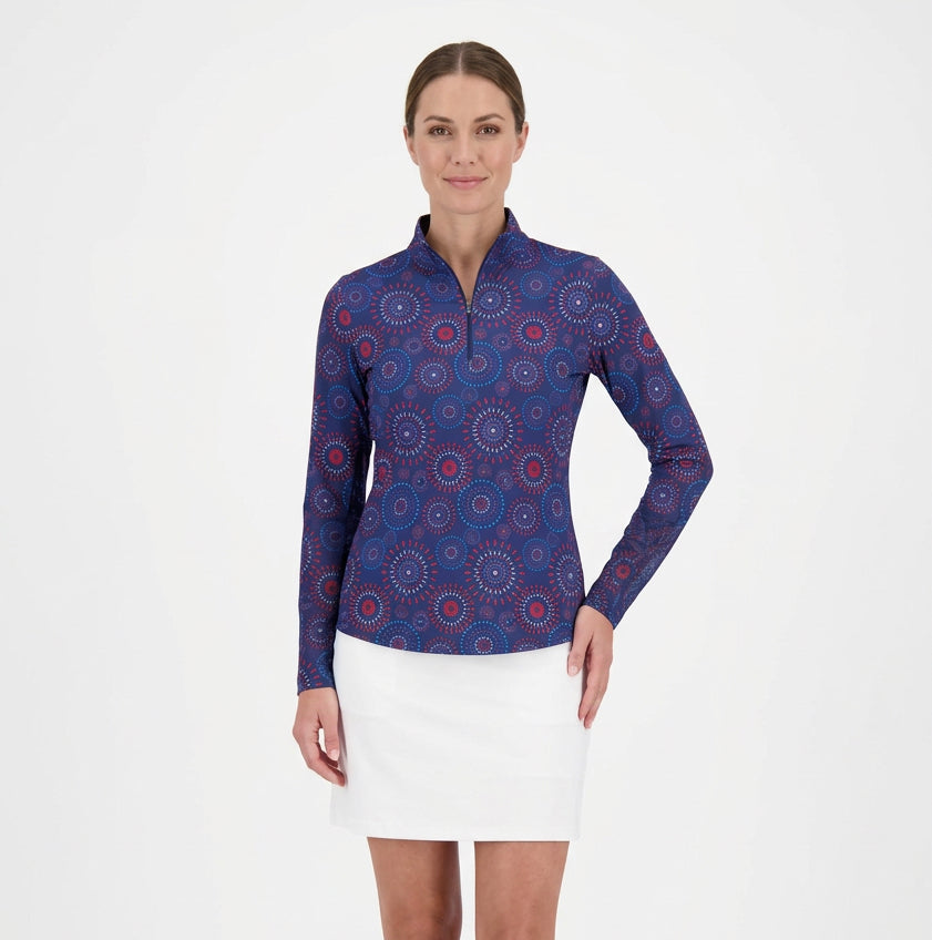 IBKUL Women's L/S Zip Mock Neck Patriot Pop Navy Multi Size S - Skorzie