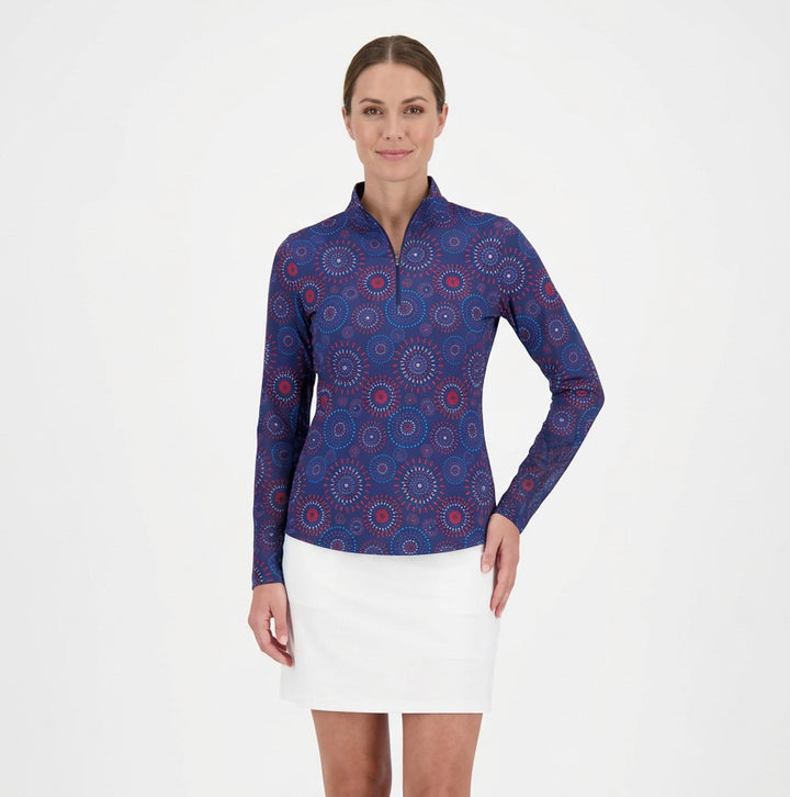 IBKUL Women's L/S Zip Mock Neck Patriot Pop Navy Multi Size S - Skorzie