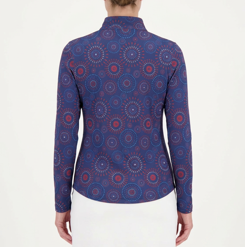 IBKUL Women's L/S Zip Mock Neck Patriot Pop Navy Multi Size S - Skorzie