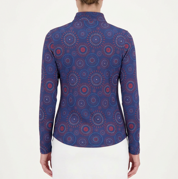 IBKUL Women's L/S Zip Mock Neck Patriot Pop Navy Multi Size S - Skorzie