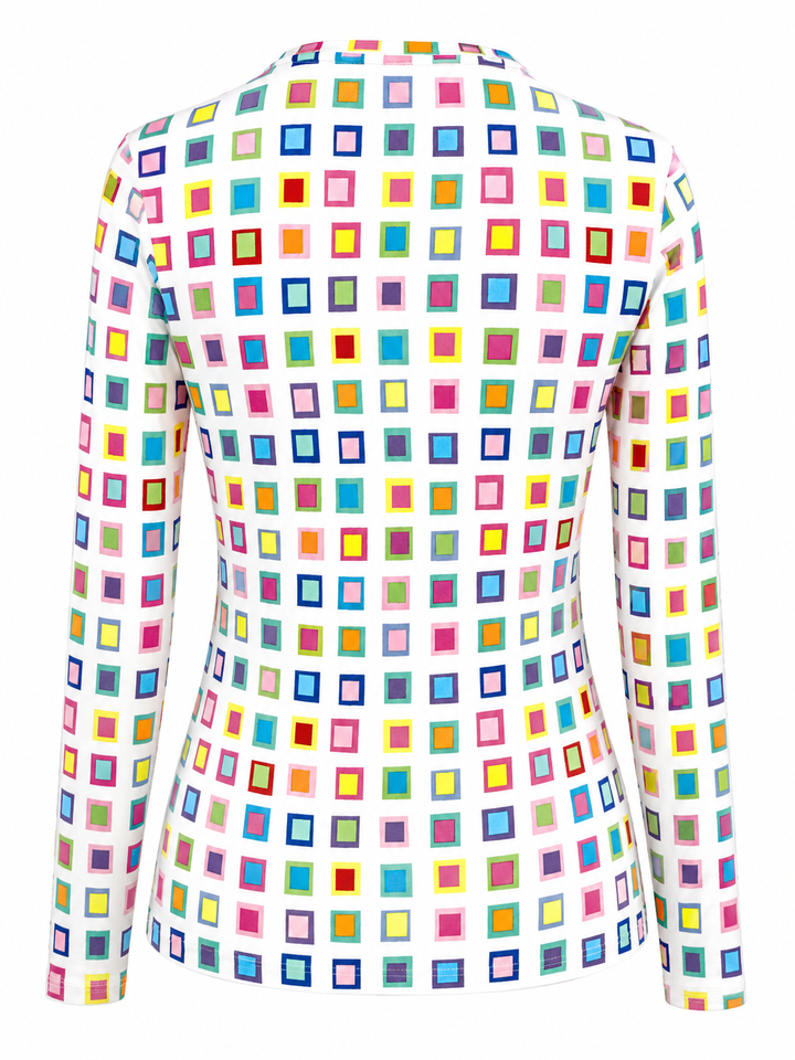 IBKUL Eloise Long Sleeve Crew Neck Top - Multi Squares - XS