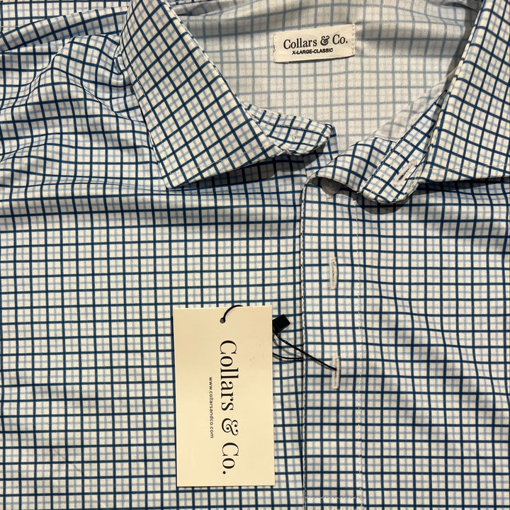 Collars & Co. Men's Polo Performance Fabric Semi-Spread Collar Blue Tattersall Size XL