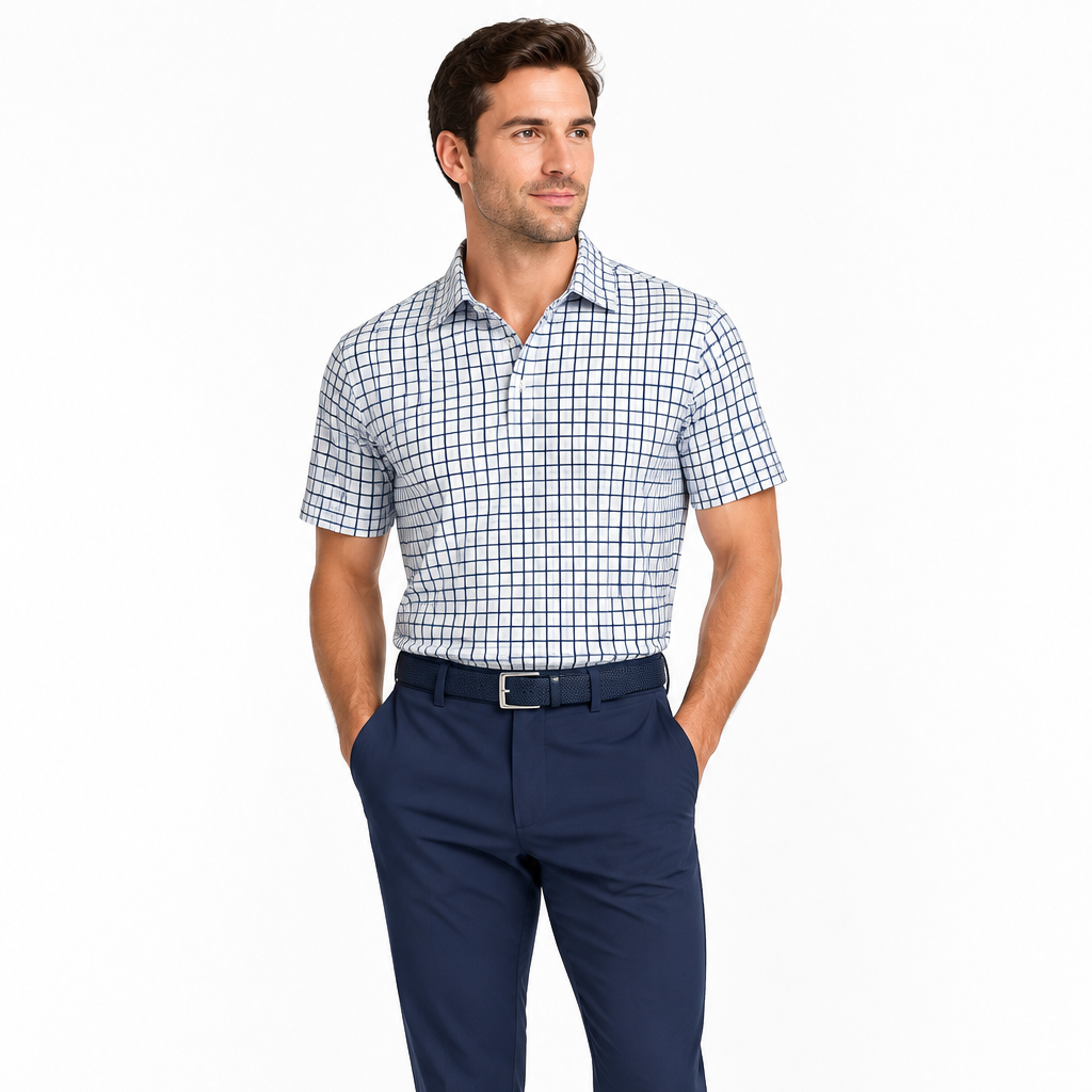 Collars & Co. Men's Polo Performance Fabric Semi-Spread Collar Blue Tattersall Size XL