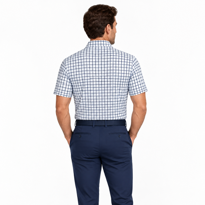 Collars & Co. Men's Polo Performance Fabric Semi-Spread Collar Blue Tattersall Size XL