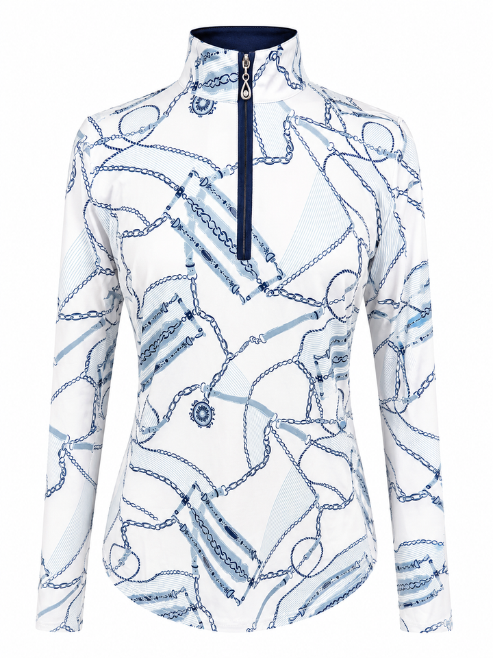 SanSoleil SolCool Print Long Sleeve Zip Mock - Tack Blues