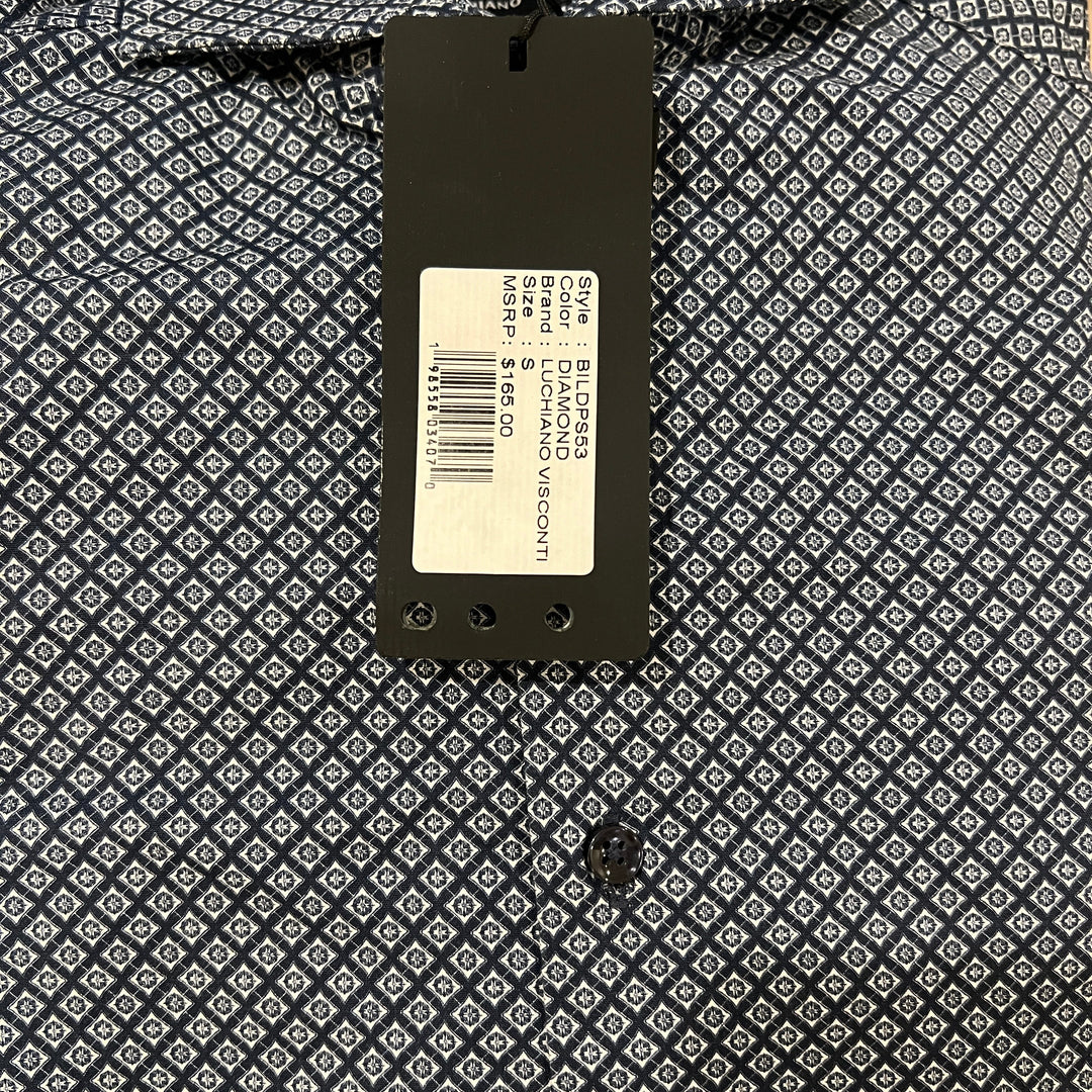Luchiano Visconti Men's Shirt Navy & Blue Geo Button Down Diamond Size S