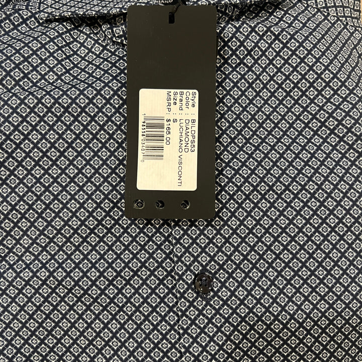 Luchiano Visconti Men's Shirt Navy & Blue Geo Button Down Diamond Size S