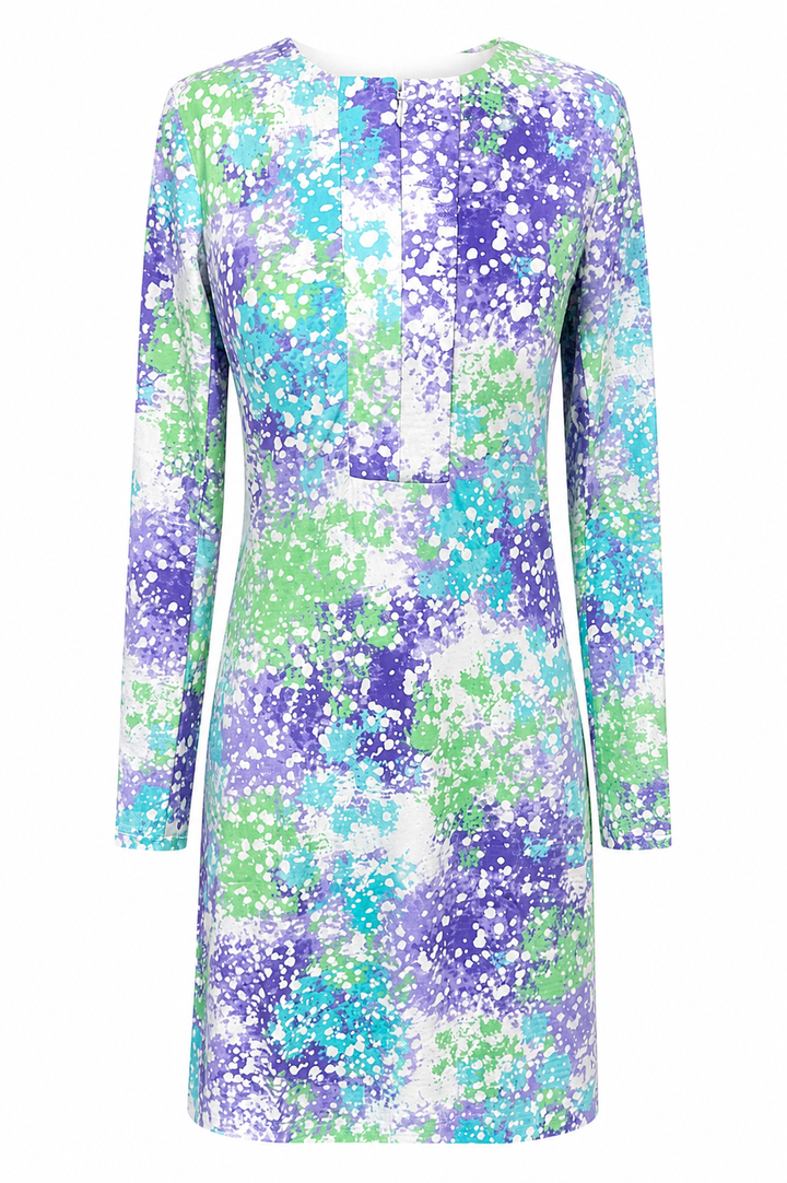 IBKUL Long Sleeve Purple Splatter Zip Dress - Small - Skorzie