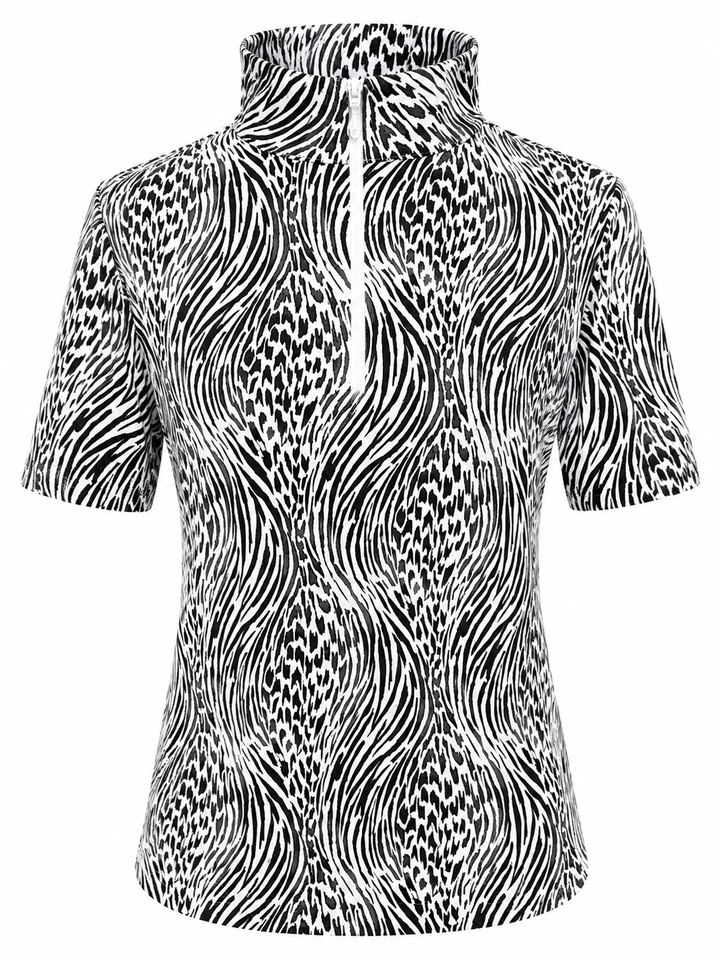 IBKUL Alena Short Sleeve Zip Mock - Black/White