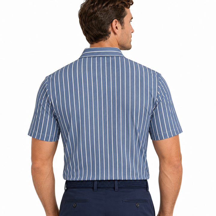 Collars & Co. Men's Polo Performance Fabric Semi-Spread Collar Blue/White Pinstripe Size L