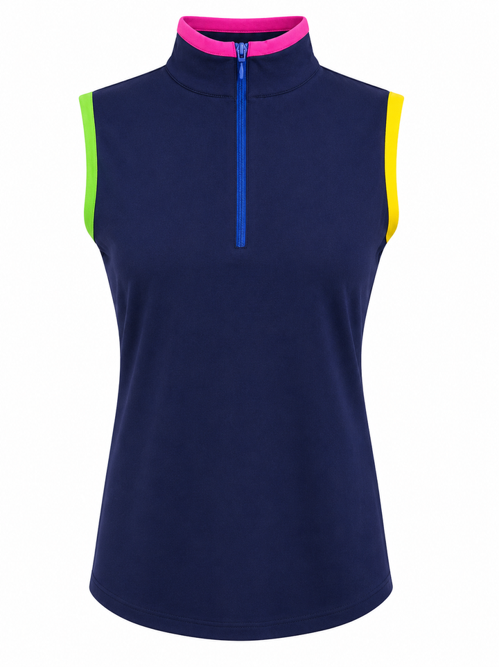 G-Lifestyle Womens Sleeveless Zip Polo - True Navy/Bright Multi