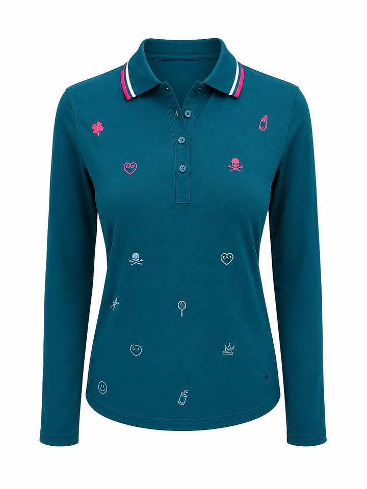G/FORE Icon Embroidered Tech Pique Long Sleeve Polo - Teal - Small