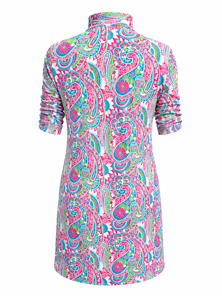 IBKUL Ruched Sleeve Mandarin Collar Dress - Pink/Turq