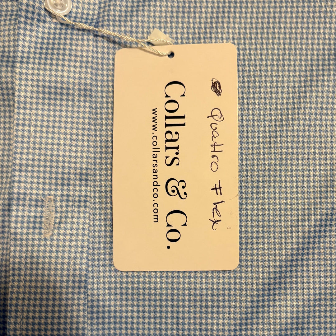 Collars & Co. Men's L/S Polo Performance Fabric Semi-Spread Blue Houndstooth Size L