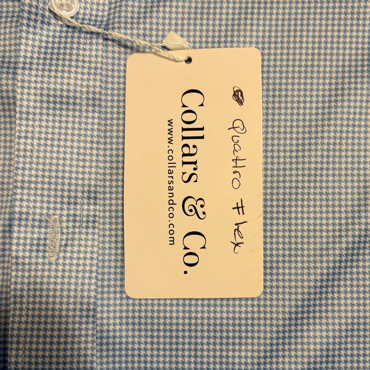 Collars & Co. Men's L/S Polo Performance Fabric Semi-Spread Blue Houndstooth Size L
