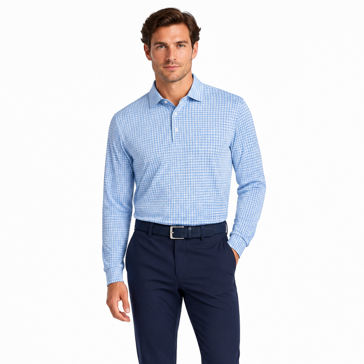 Collars & Co. Men's L/S Polo Performance Fabric Semi-Spread Blue Houndstooth Size L