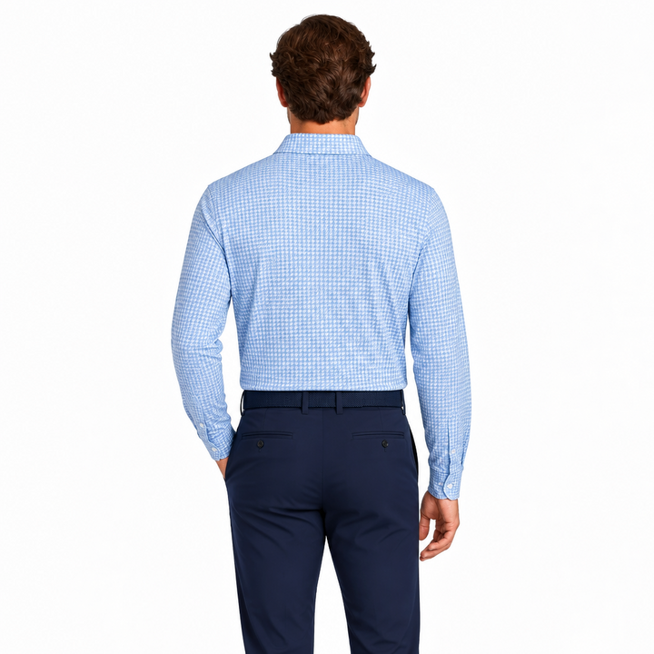 Collars & Co. Men's L/S Polo Performance Fabric Semi-Spread Blue Houndstooth Size L
