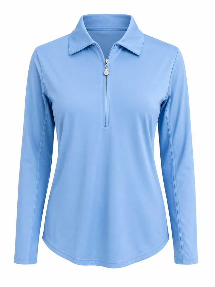 SanSoleil SolCool Long Sleeve Zip Polo - Cornflower Blue