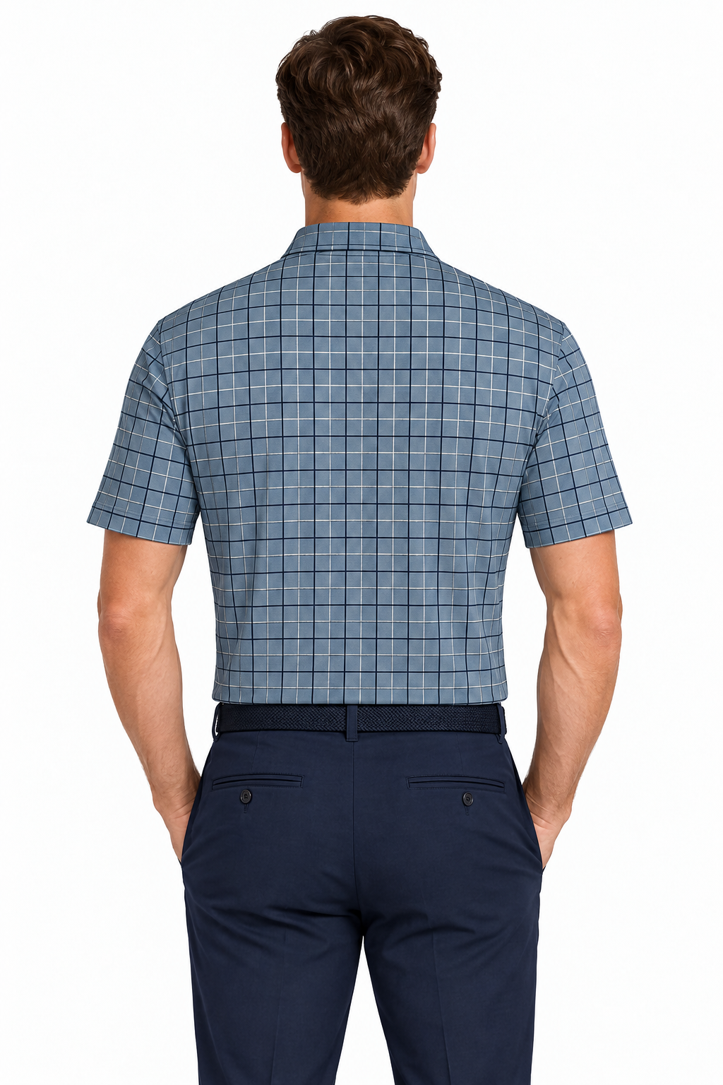 Collars & Co. Men's Polo Performance Fabric Semi-Spread Collar Blue/Navy/White Plaid Size M