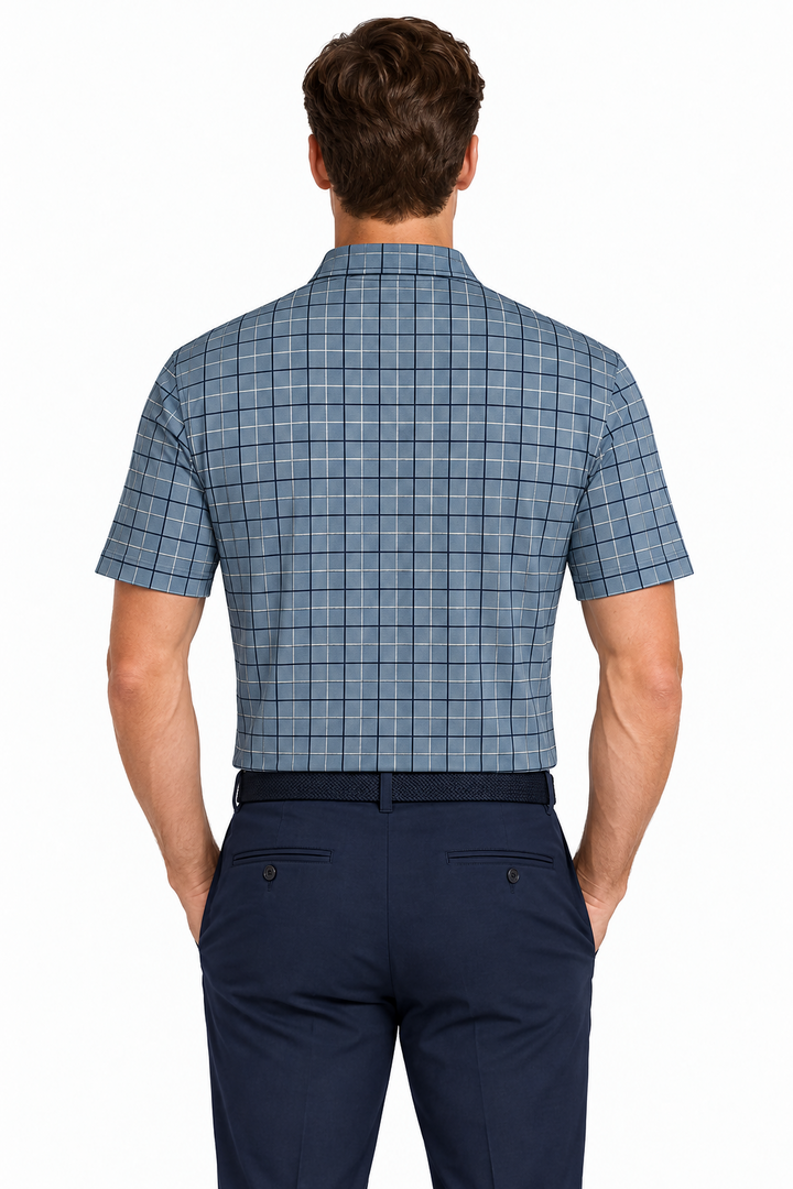 Collars & Co. Men's Polo Performance Fabric Semi-Spread Collar Blue/Navy/White Plaid Size M