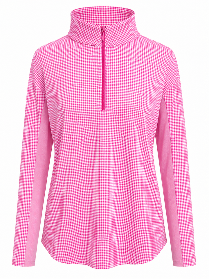 IBKUL Mini Check Long Sleeve Zip Mock - Pink/White