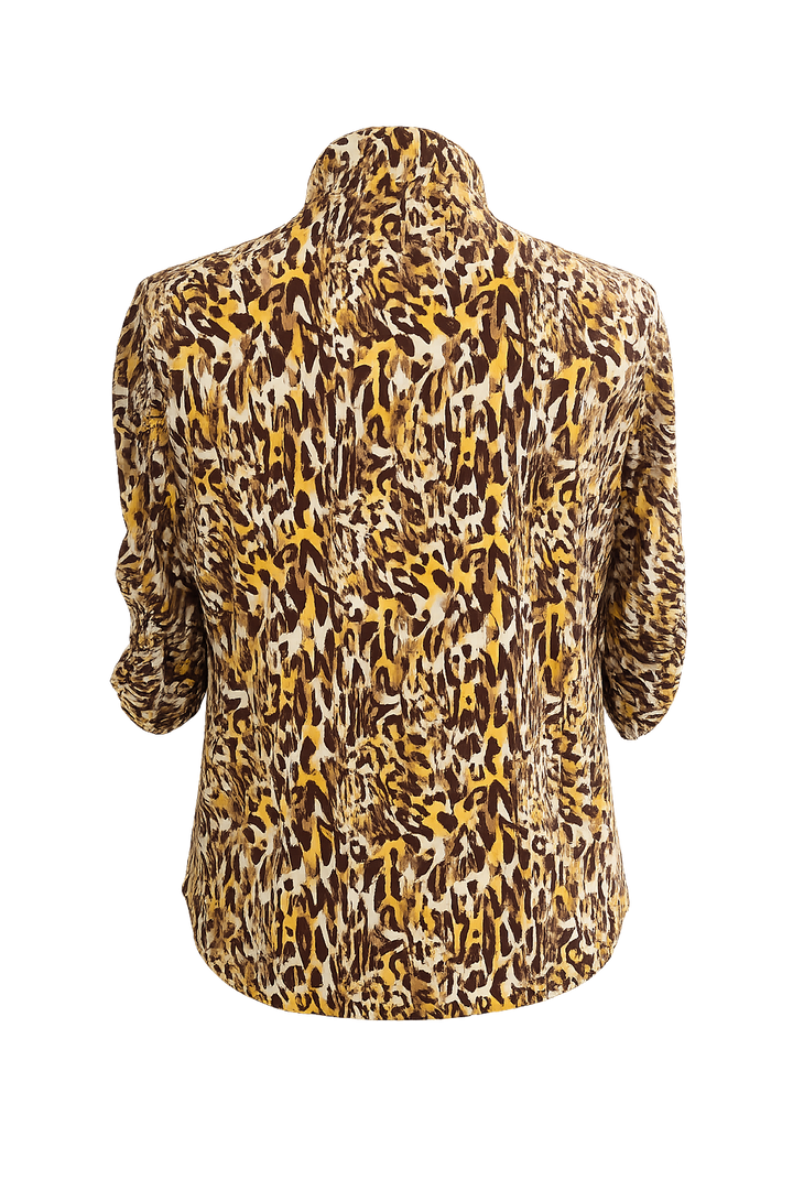 IBKUL Karen Print Ruched Elbow Sleeve Mandarin Collar Top