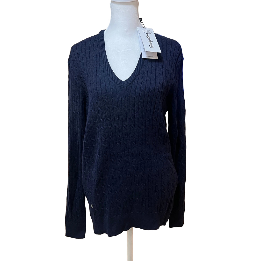 Daily Sports Madelene Veronica Cable Knit V-Neck Sweater (w/ logo) - Navy - X-Large - Skorzie