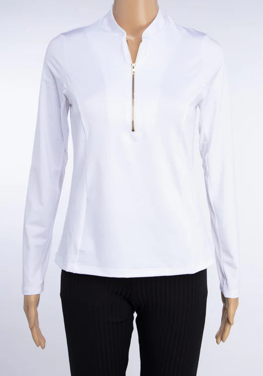 Amy Sport Katelyn 2.0 Long Sleeve Gold Zip Top - White - Skorzie