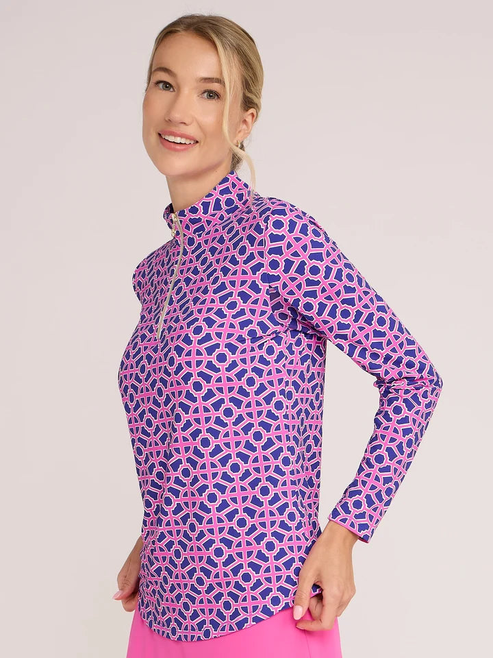 G-Lifestyle Womens Long Sleeve Zip Mock - Highland Fuchsia Navy - Skorzie