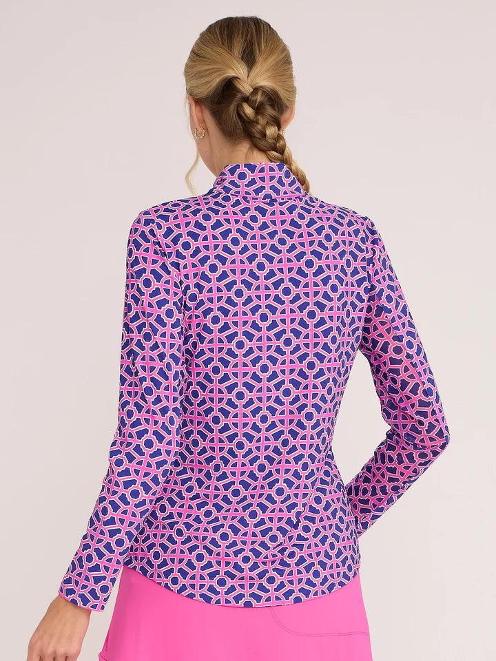 G-Lifestyle Womens Long Sleeve Zip Mock - Highland Fuchsia Navy - Skorzie