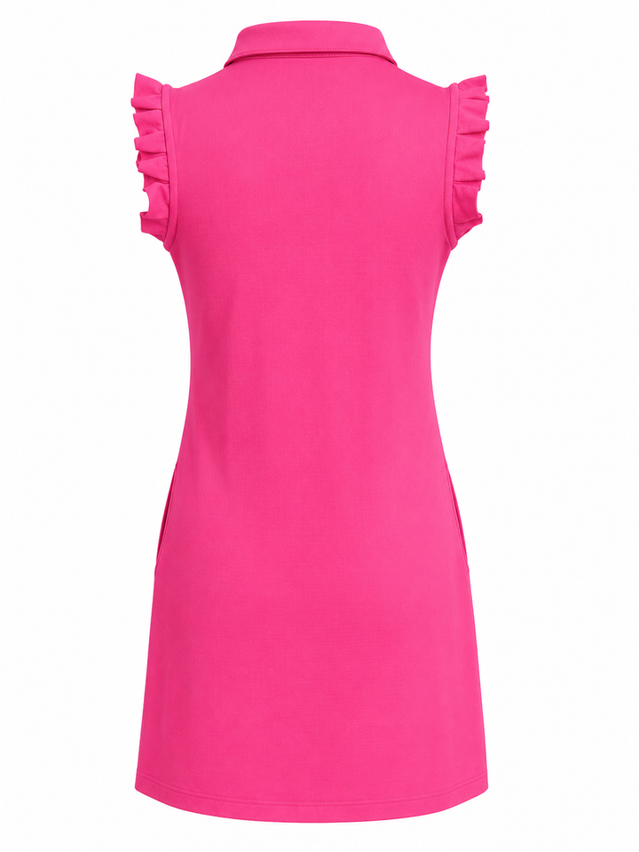 G-Lifestyle Button Ruffle Sleeveless Golf Dress - Hot Pink - Small