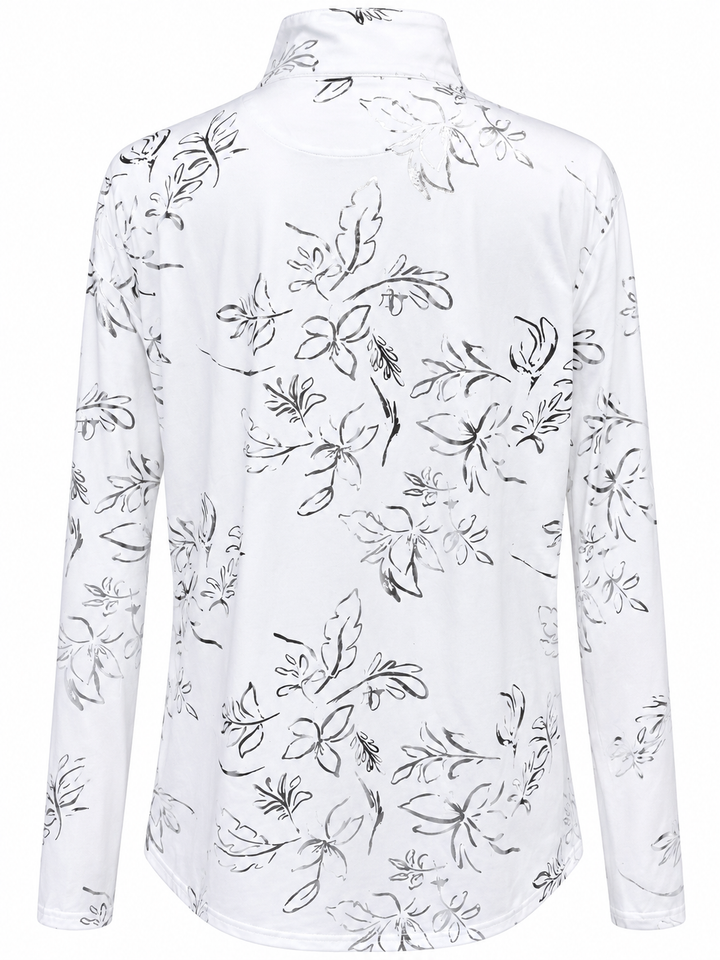 SanSoleil Botanical Long Sleeve Foil Print Mock - White/Metallic Silver